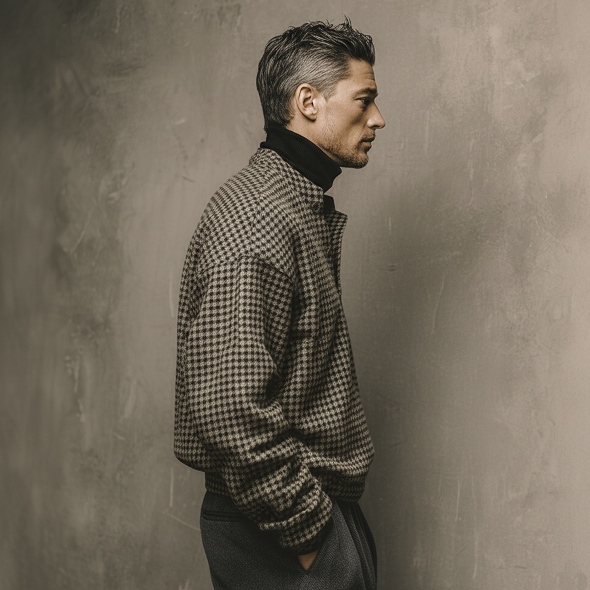 Men's Classic Casual Faux Houndstooth Wool Henley Collar Sweatshirt MTA1108K8K