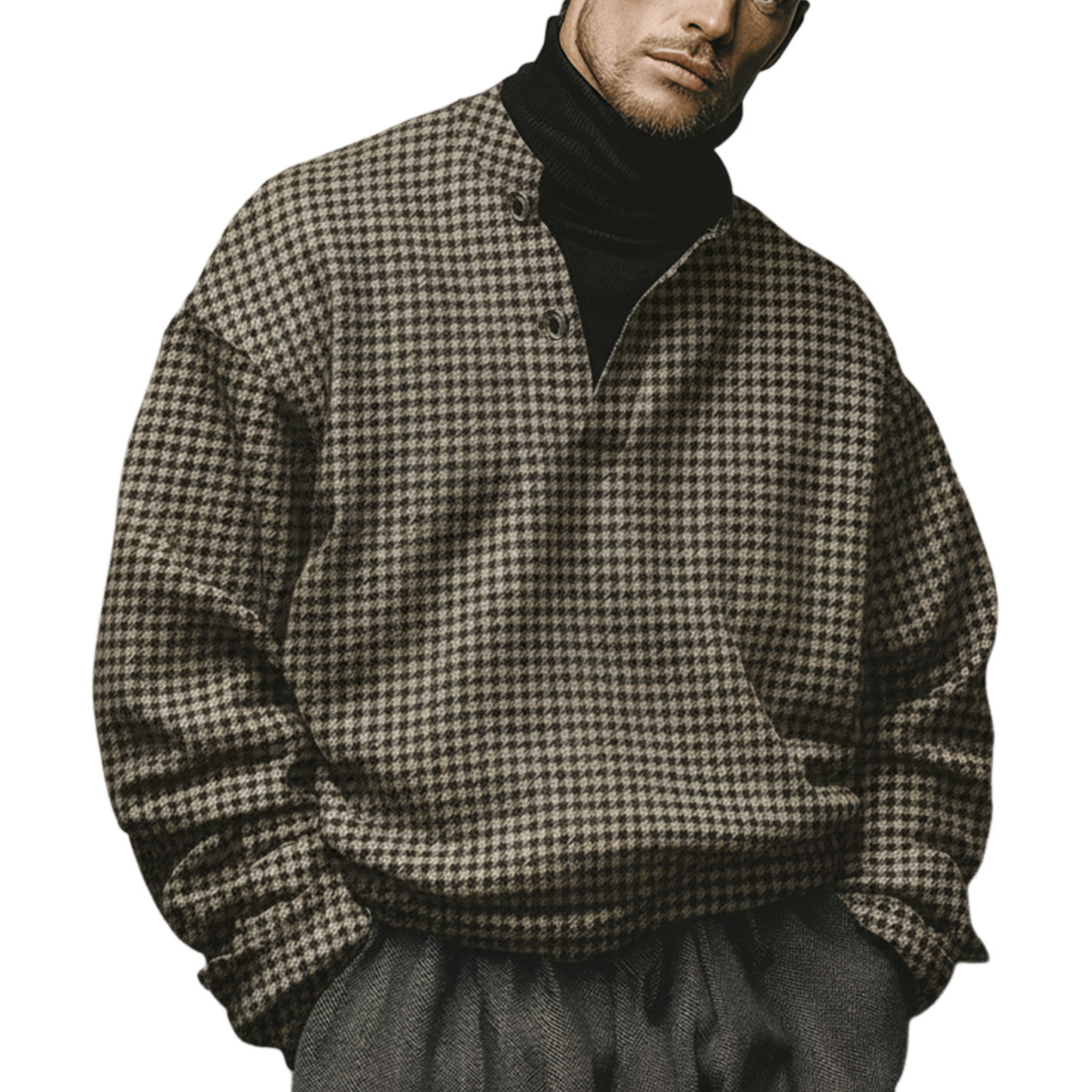 Men's Classic Casual Faux Houndstooth Wool Henley Collar Sweatshirt MTA1108K8K