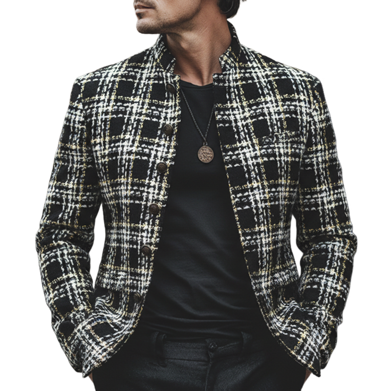 Men's Retro Elegant Tweed Plaid Stand Collar Jacket MTA1108L5U