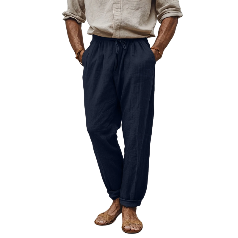 Men's Casual Breathable Cotton Linen Elastic Waist Loose Holiday Tapered Pants MTA2314D2M