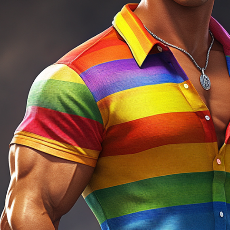 Men'S Retro Casual Rainbow Stripe Print Elastic Lapel Short Sleeve Shirt MTA0986E7TO