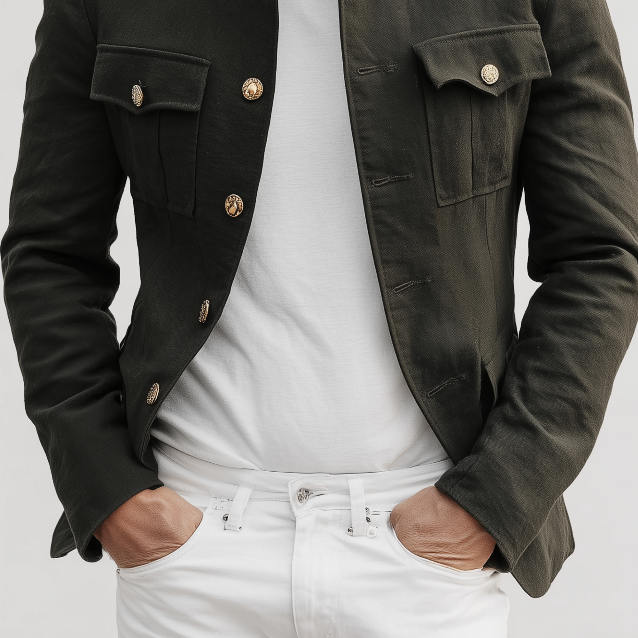 Men's Classic Retro Stand Collar Twill Cotton Multi-pocket Slim Fit Jacket MTA3066H5K