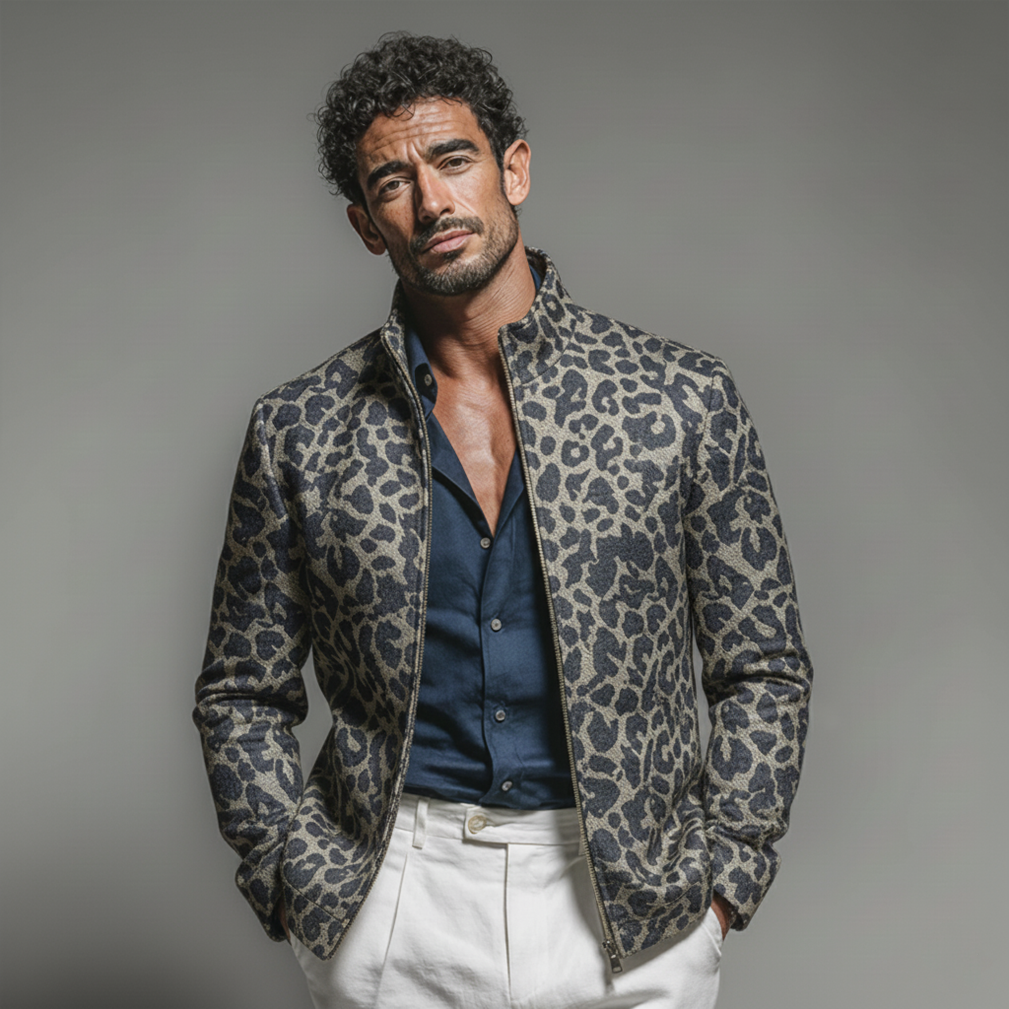 Men's Classic Retro Denim Jacquard Leopard Print Stand Collar Jacket MTA0193L6K