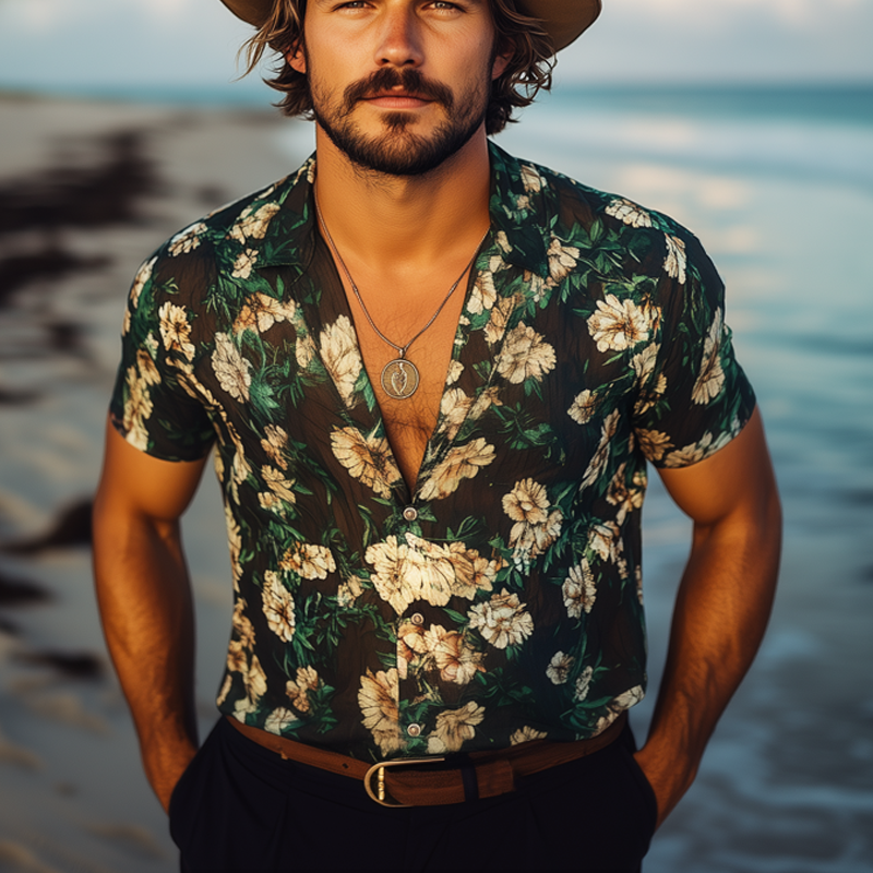 Men's Summer Casual Chiffon Printed Short Sleeve Shirt MTA1096F3U