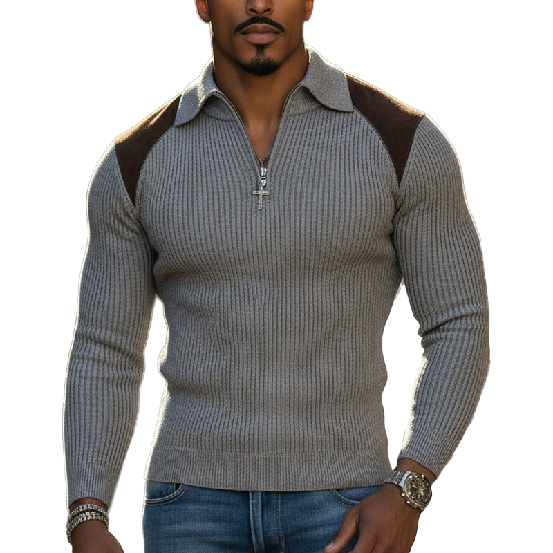 Men's Vintage-style Faux Suede And Cotton Knit Slim-fit Half-zip Sweater MTA2941L9P
