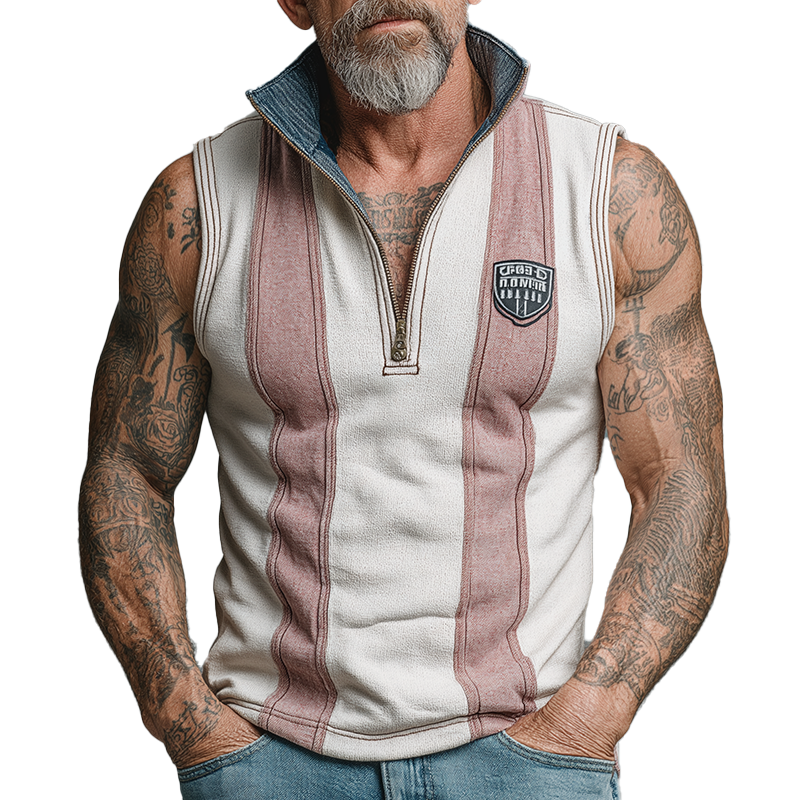 Men's Summer Cotton Blend Vintage Print Sleeveless Zipper Tank Top MTA1433G7P