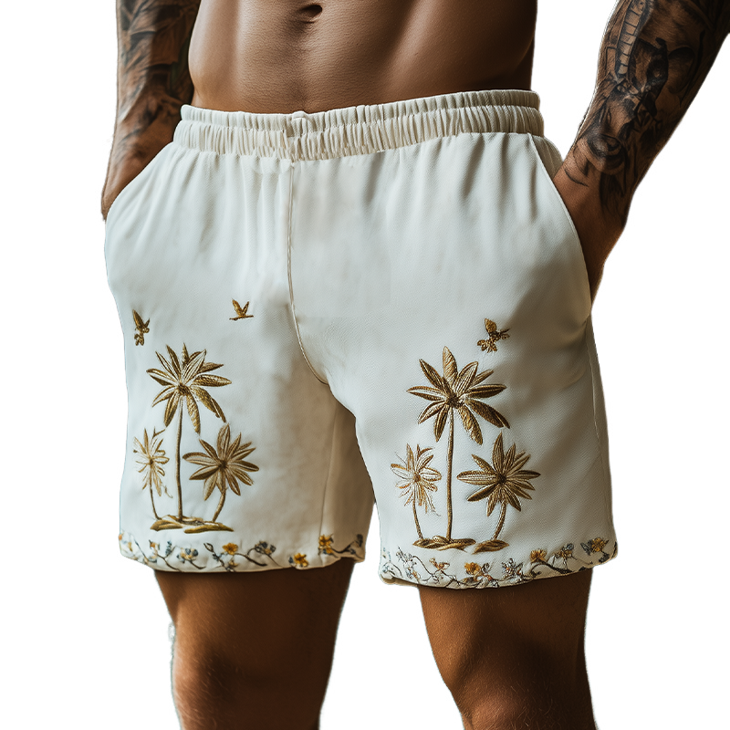 Sommermote for menn Uformelt Hawaii-stil Tynn semsket brodert elastisk midje strandshorts MTA2317D8K