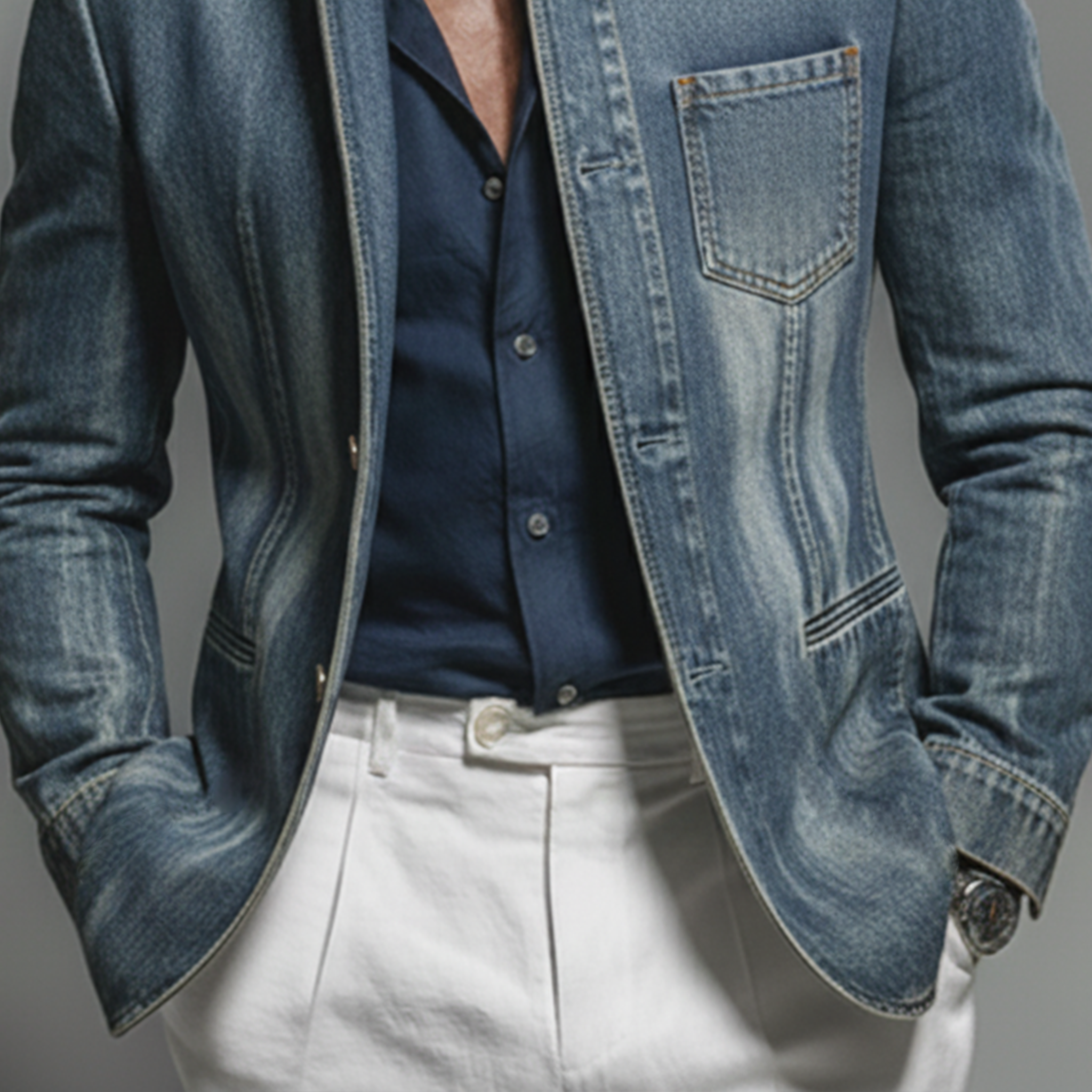 Men's Classic Retro Stand-up Collar Washed Denim Single-breasted Jacket MTA3021K4K