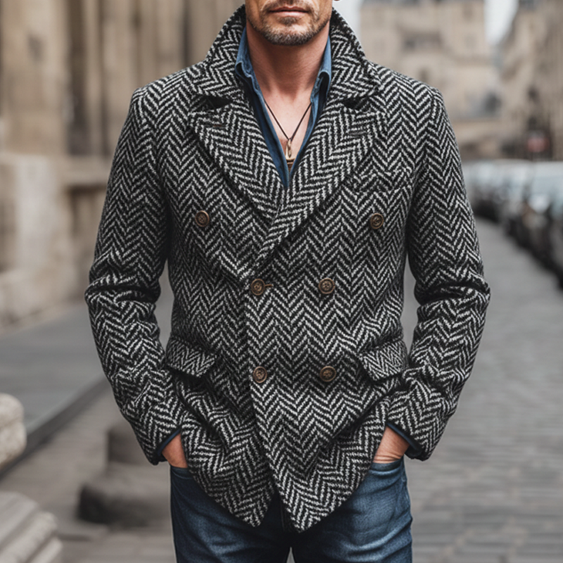 Men's Classic Herringbone Double-Breasted Faux Wool Blazer MTA2029J0U