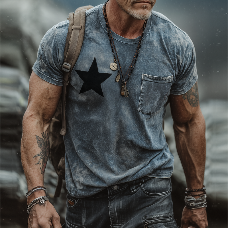 Men's Retro Casual Star Printed Round Neck Short Sleeve T-Shirt MTA1011G5TO