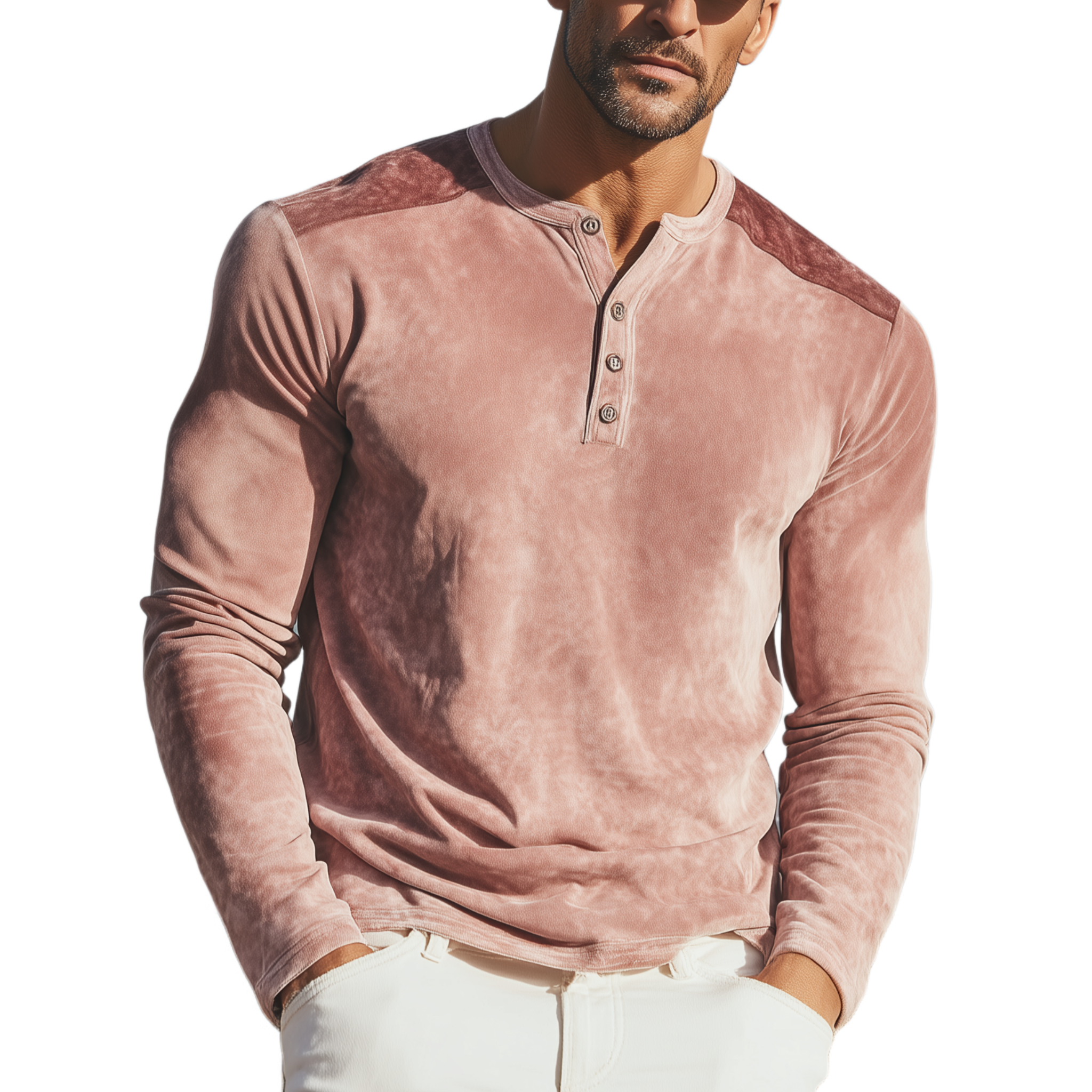 Men's Classic Casual Henley Neck Pink Suede Slim Fit Long Sleeve T-Shirt MTA1896H4K