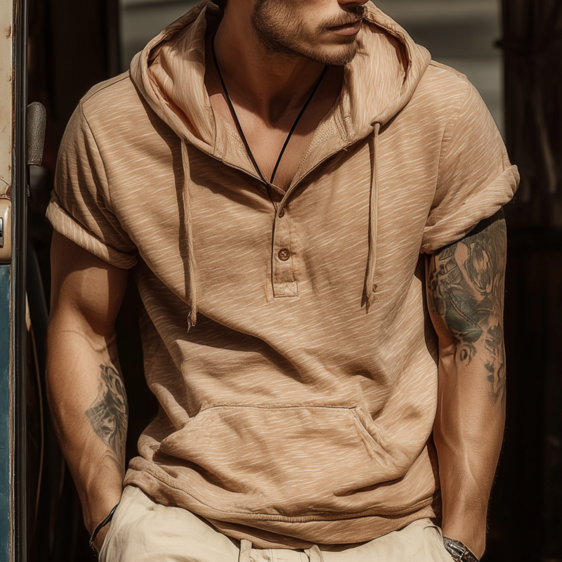 Men's Casual Breathable Skin-friendly Cotton Loose Pullover Kangaroo Pocket Short-sleeved Hoodie MTA1039G0M