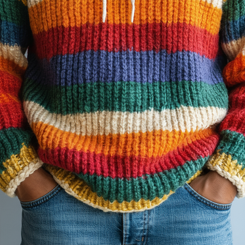 Men's Winter Retro Color-blocked Striped Cotton Hooded Sweater MTA0150K8P