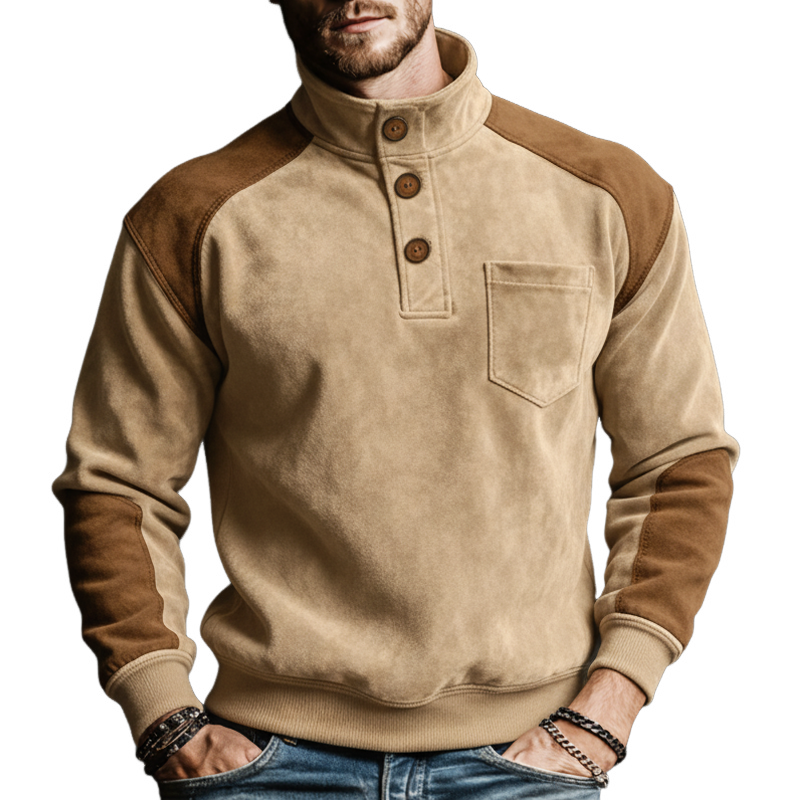 Men's Classic Three-button Stand-collar Color-block Faux Suede Sweatshirt MTA2915L2U