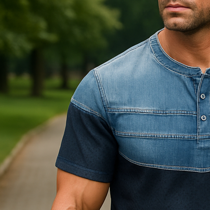 Men's Summer Fashion Denim Sports Fabric Patchwork Short Sleeve Henley Shirt MTA0567F9P