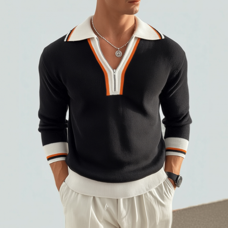Men's Casual Contrast Color Zipper Lapel Slim Fit Knitted Long Sleeve Polo Shirt MTA3105G3M