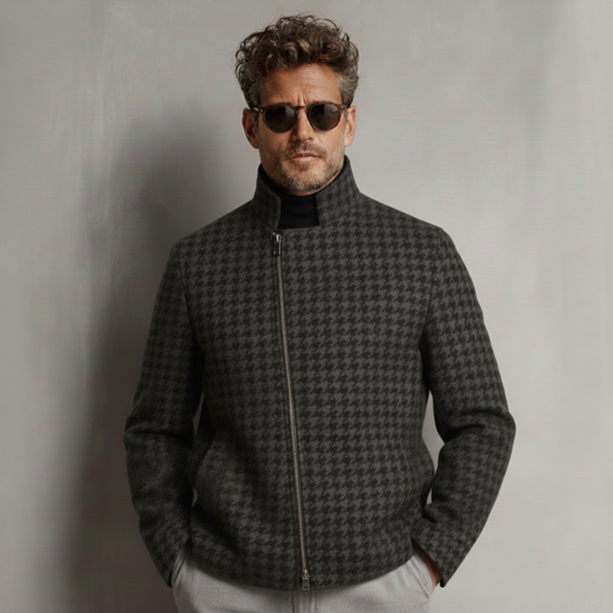 Men's Classic Retro Light Business Stand Collar Faux Houndstooth Wool Zip-Up Jacket MTA0480K5K