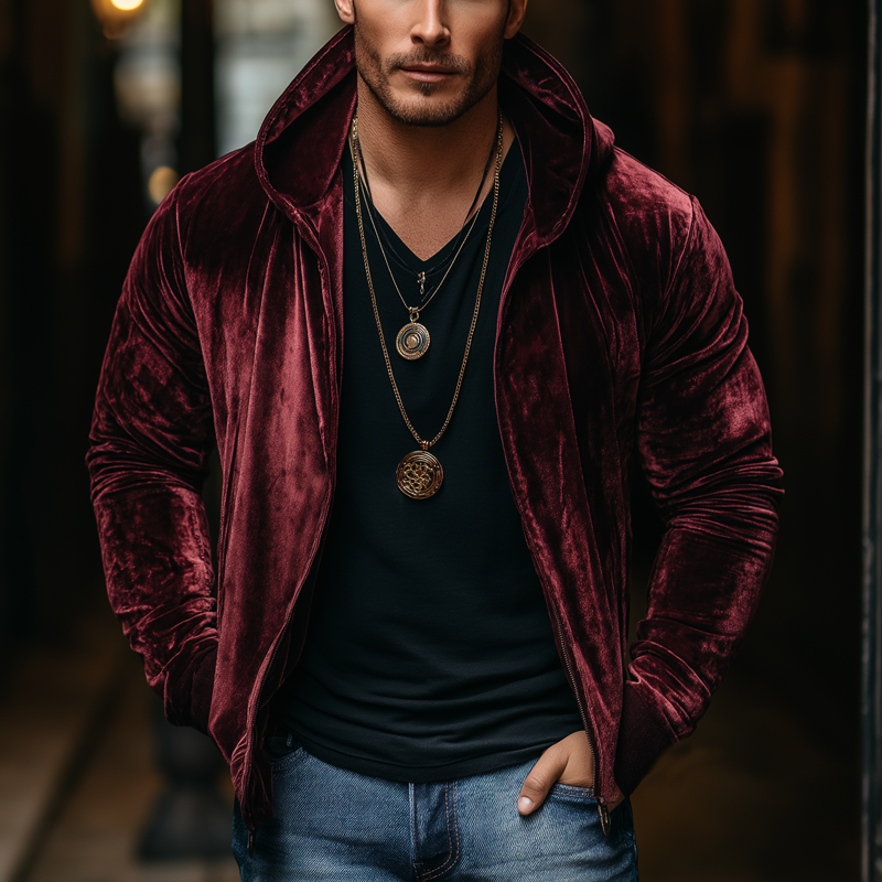 Men's Classic Burgundy Velvet Zip-Up Hooded Jacket MTA0500K6U