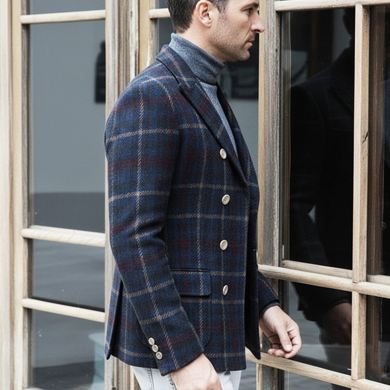 Men's Classic Business Plaid Double-Breasted Blazer MTA1519J6U