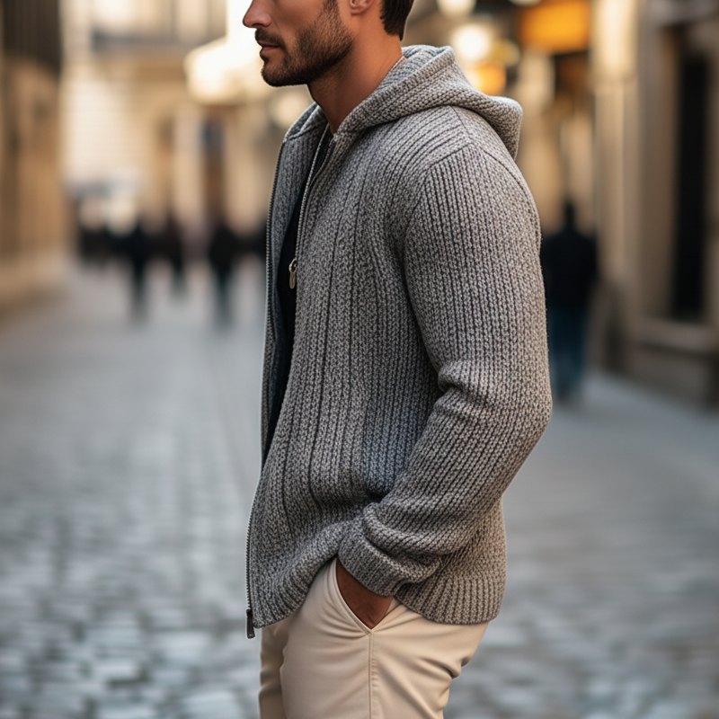 Men's Classic Chunky Textured Zip-up Hooded Knit Cardigan Cardigan
