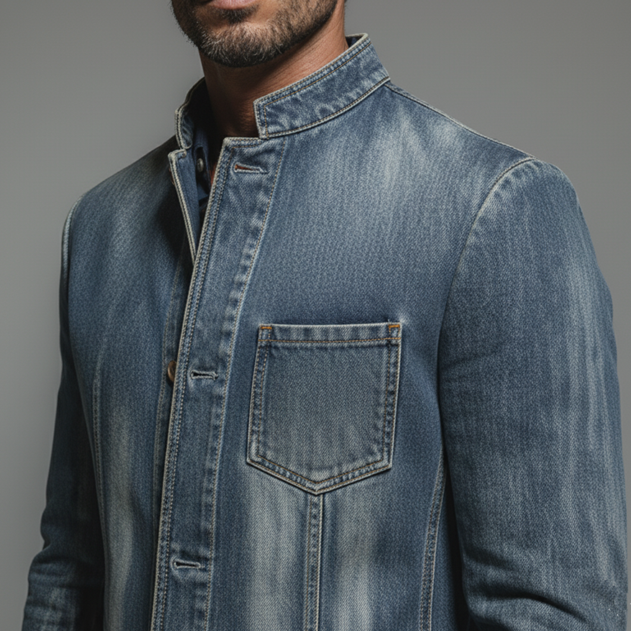 Men's Classic Retro Stand-up Collar Washed Denim Single-breasted Jacket MTA3021K4K