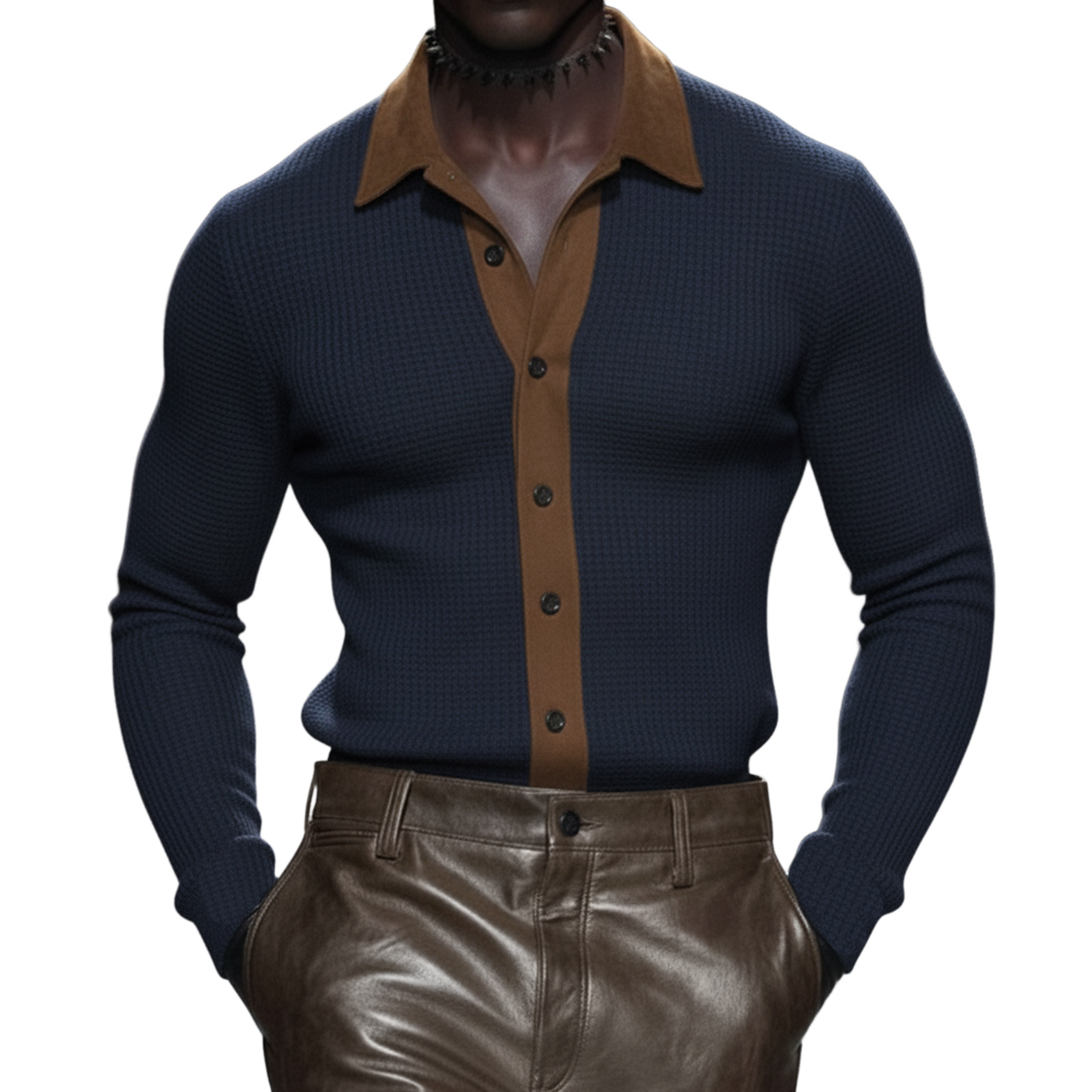 Men's Classic Casual Suede And Waffle-knit Patchwork Slim-fit Long-sleeved Shirt MTA0877L4K