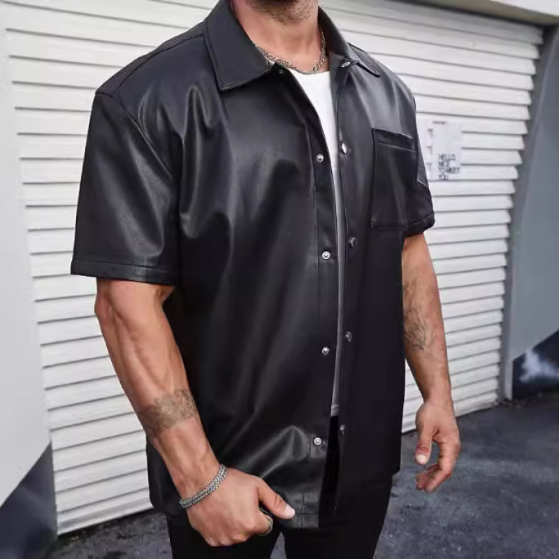 Men's Fashion PU Lapel Single Breasted Patch Pocket Loose Short Sleeve Shirt MTA0683E0M