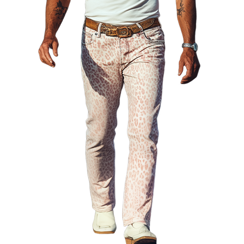 Men's Spring And Summer Fashion Retro Western Cowboy Style Washed Denim Pink Leopard Print Casual Pants MTA1363E7K