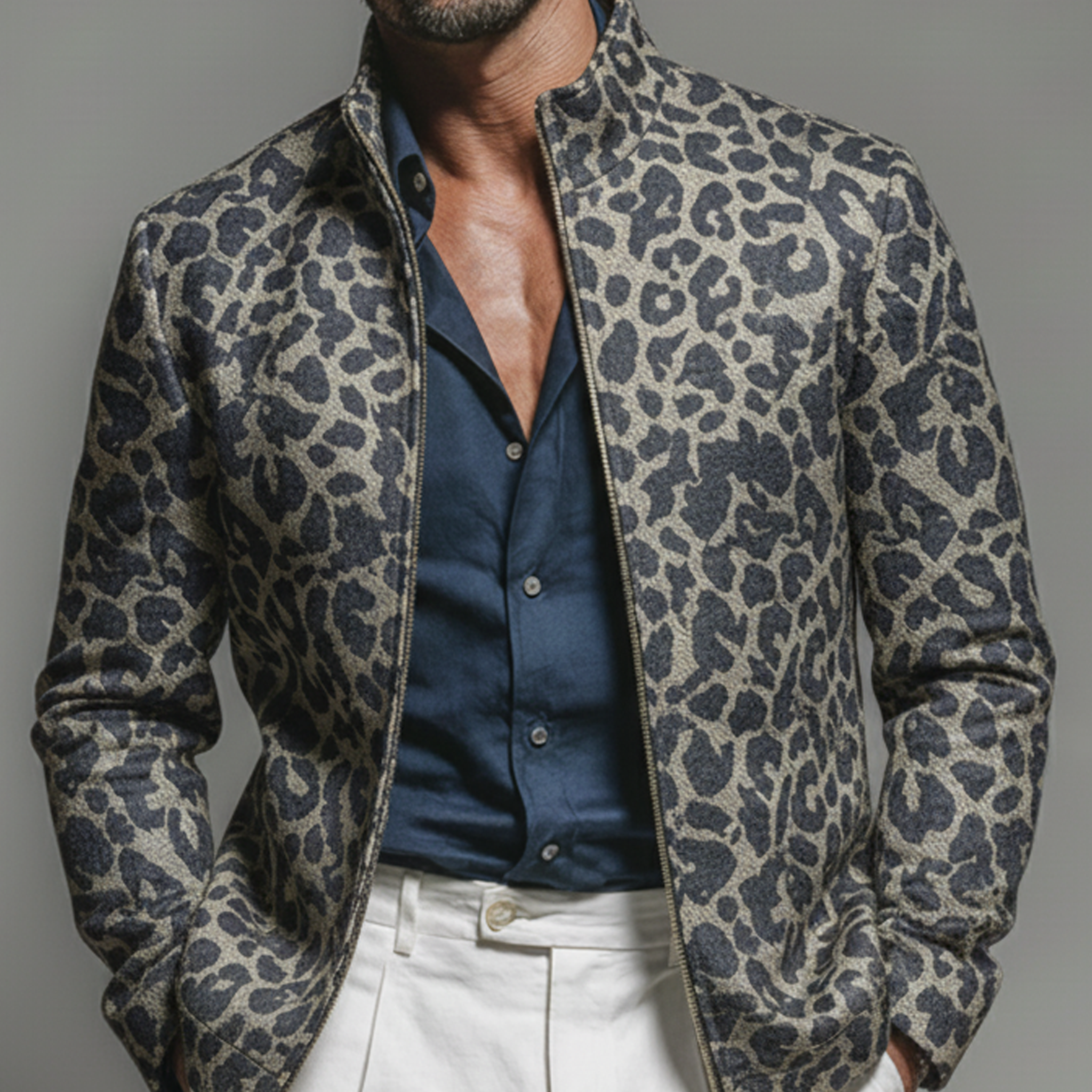 Men's Classic Retro Denim Jacquard Leopard Print Stand Collar Jacket MTA0193L6K