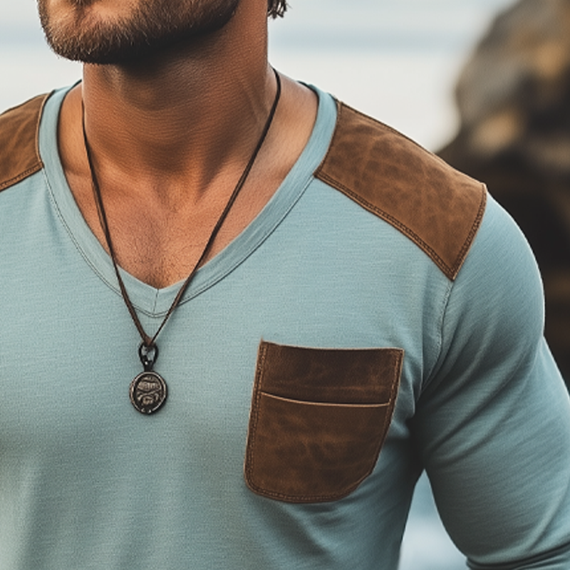 Men's Basic Cotton V-neck Suede Stitching Long Sleeve T-shirt MTA2830G1U