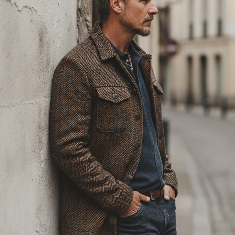 Men's Retro Classic Herringbone Lapel Single Vent Faux Wool Jacket MTA3141J6U