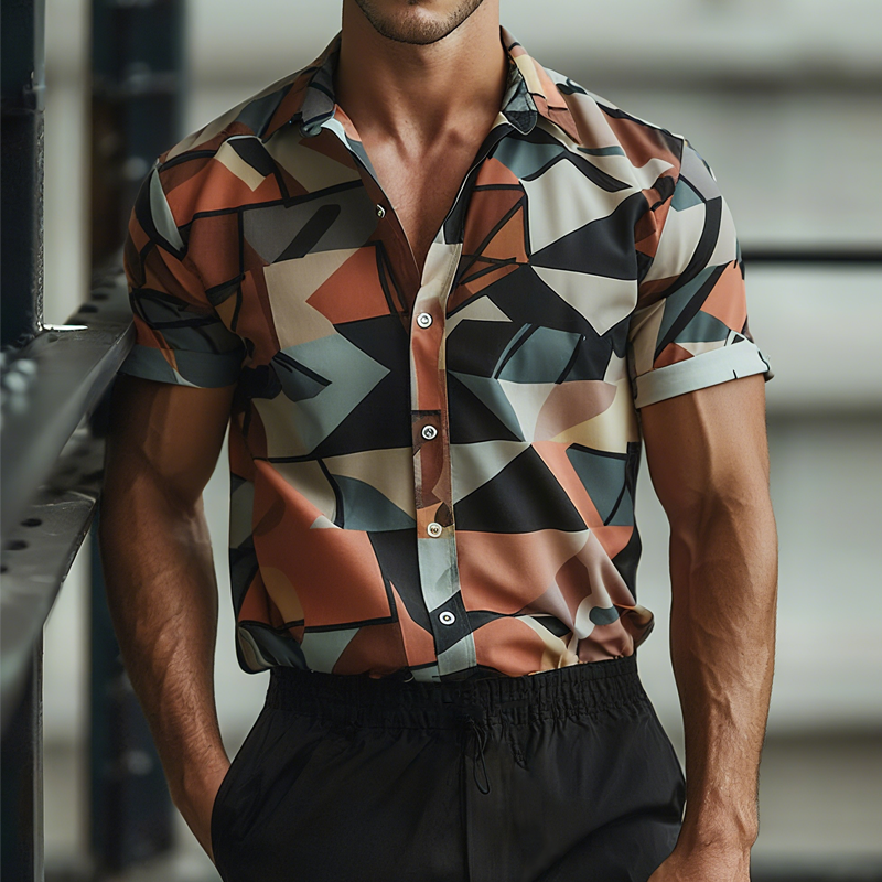 Men's Geometric Print Lapel Short Sleeve Shirt MTA2425G4Z