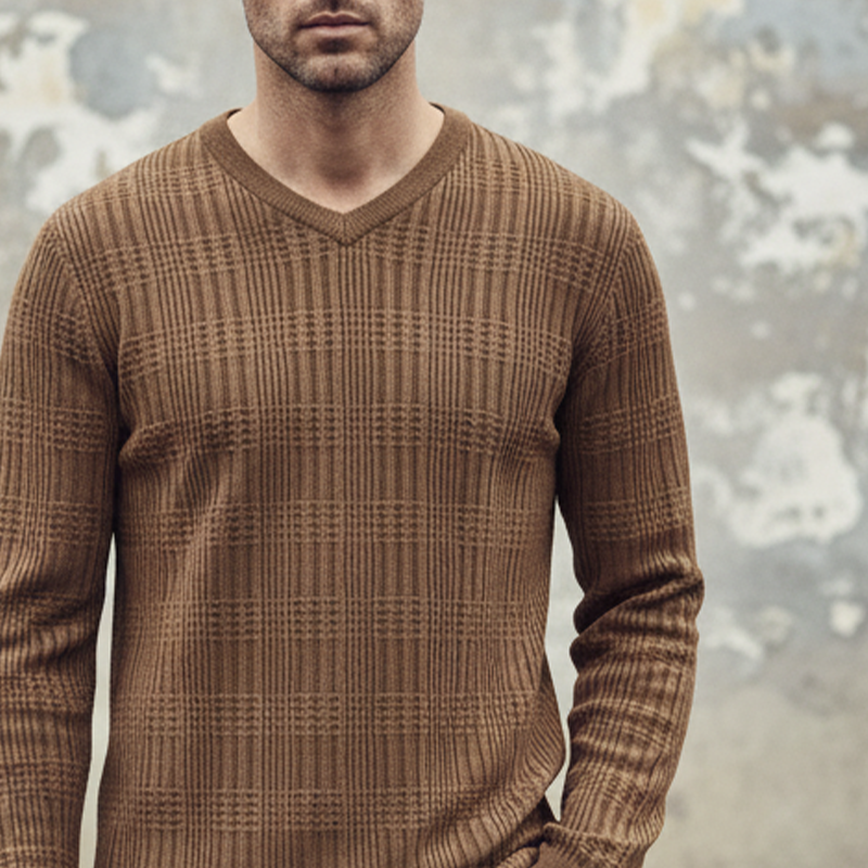 Men's Solid Color Casual Knitted V-neck Long-sleeved T-shirt MTA1004I8X