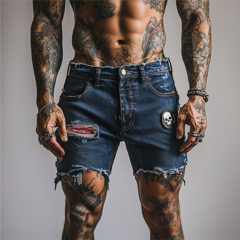 Men's Skull Ripped Denim Shorts MTA1853F5X