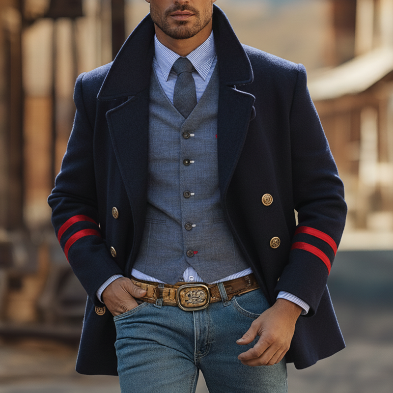 Men's Winter Retro Color-blocked Faux Wool Double-breasted Military Overcoat MTA2464K2P