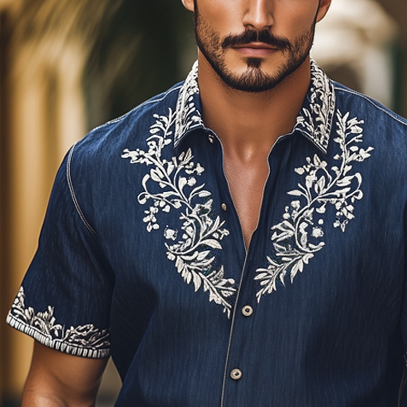 Men's Summer Vintage Silver Embroidered Denim Short Sleeve Shirt MTA2216E5U