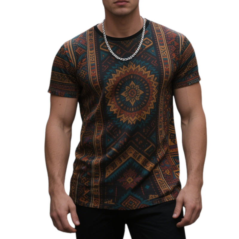 Men's Retro Casual Ethnic Style Geometric Printed Round Neck Short Sleeve T-Shirt MTA1687E3TO