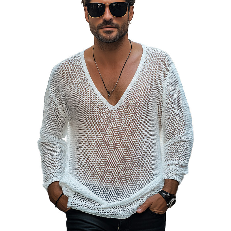 Men's Summer Fashion Breathable Hollow Knitted Mesh Long Sleeve T-shirt MTA2479E7P