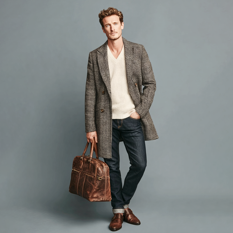 Men's Faux Wool Check Peak Lapel Double Breasted Mid-length Coat MTA1071I4Z