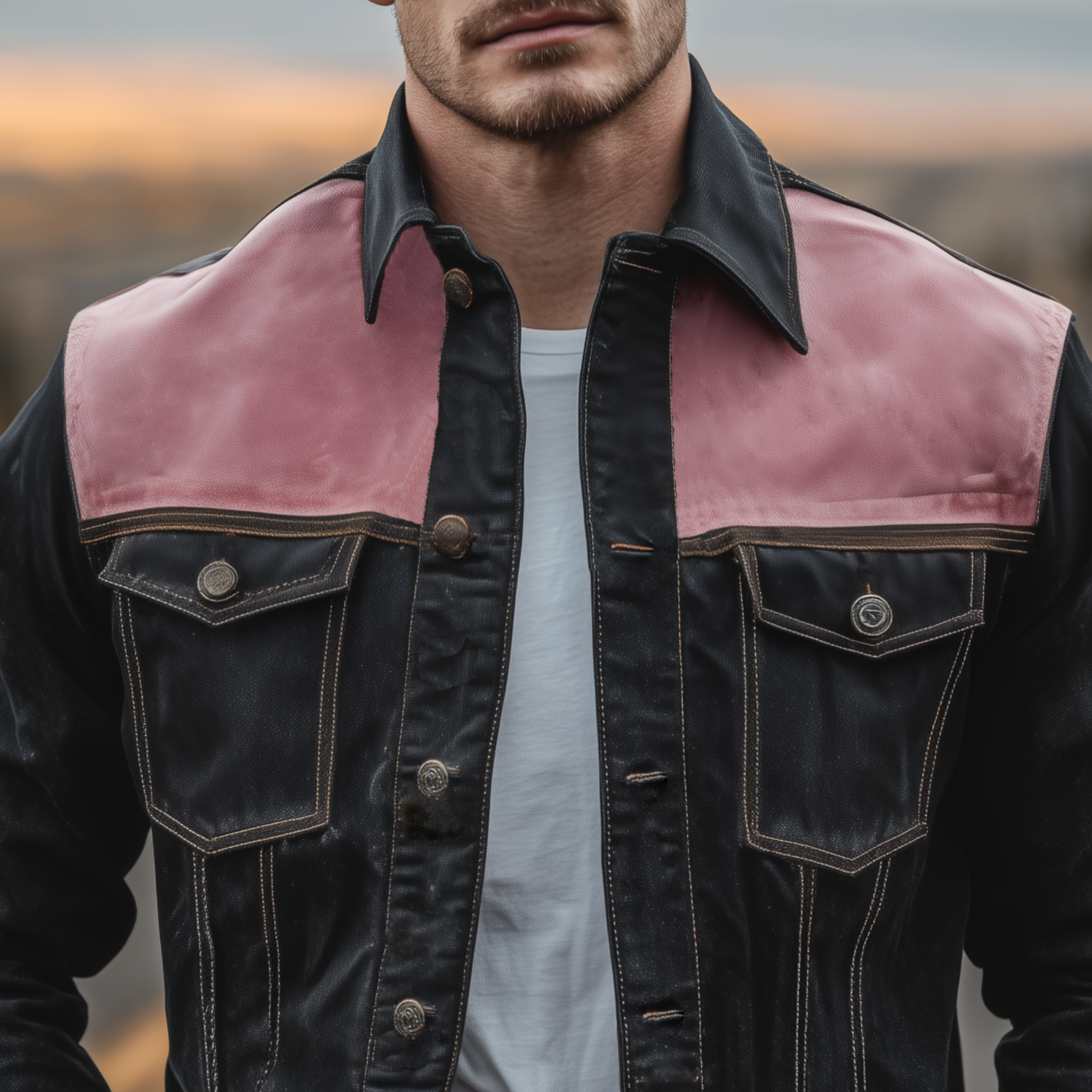 Men's Classic Casual Shoulder Stitching Pink Suede Lapel Denim Jacket MTA2621H3K