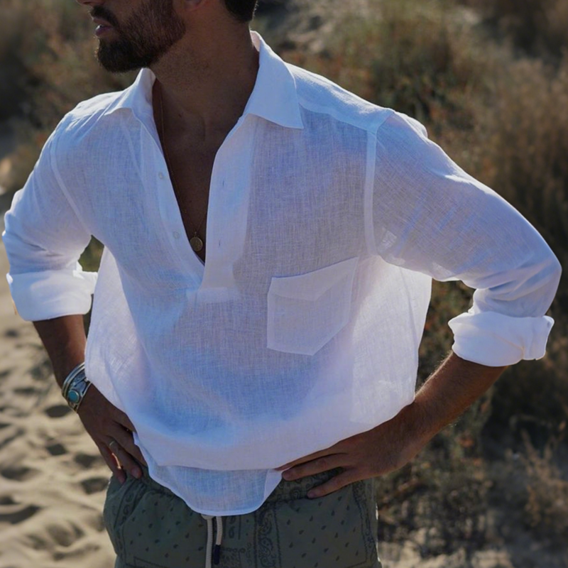 Men's Casual Solid Color Breathable Linen Button-up Lapel Patch Pocket Loose Long Sleeve Shirt MTA0434G3M