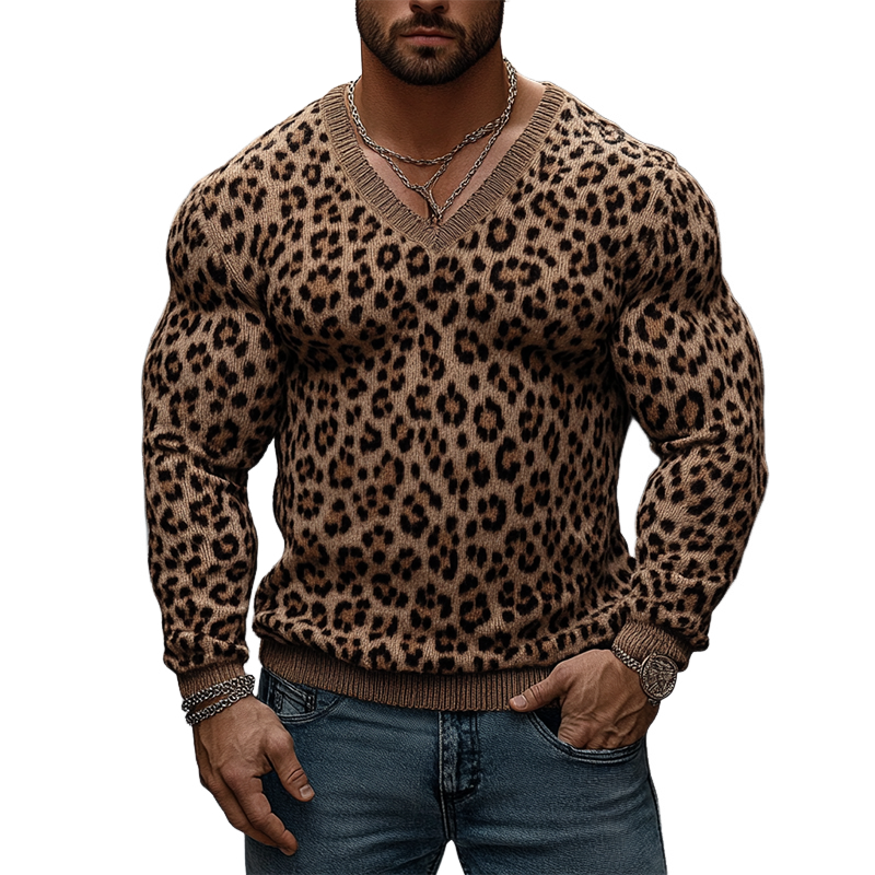 Men's Leopard Print Knit Jacquard V-neck Pullover Sweater MTA3065J3X