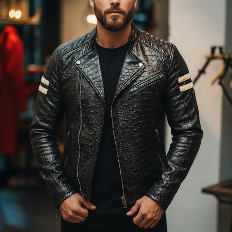 Men's Winter Fashion Crocodile Pattern PU Faux Leather Motorcycle Jacket MTA1758J5P