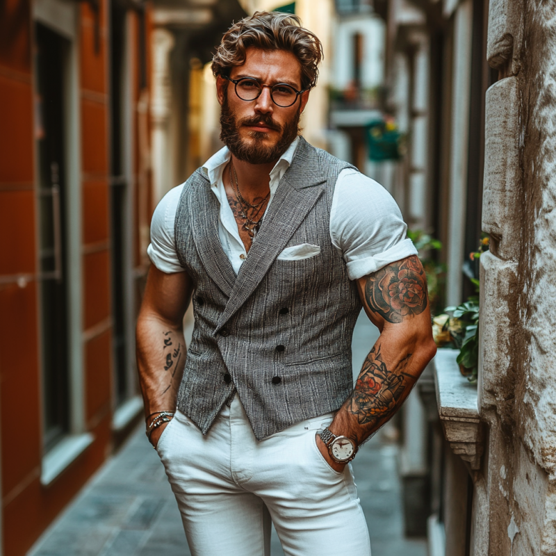 Men's Casual Cotton Blend Peaked Lapel Double-Breasted Slim-Fit Suit Vest MTA1451D6M