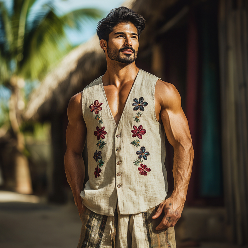 Men's Vintage Floral Embroidered Breathable Linen V-Neck Single Breasted Loose Tank Top MTA2213D4M