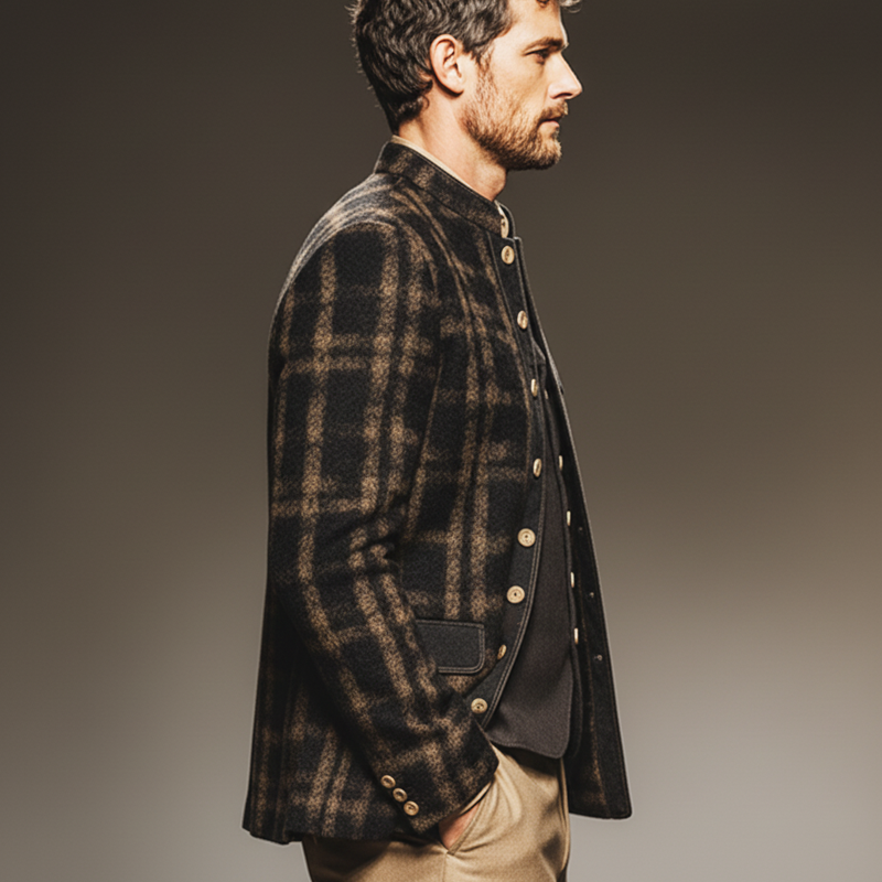 Men's Retro Stand-up Collar Imitation Wool Material Single Slit Multi-button Jacket MTA2469J2U