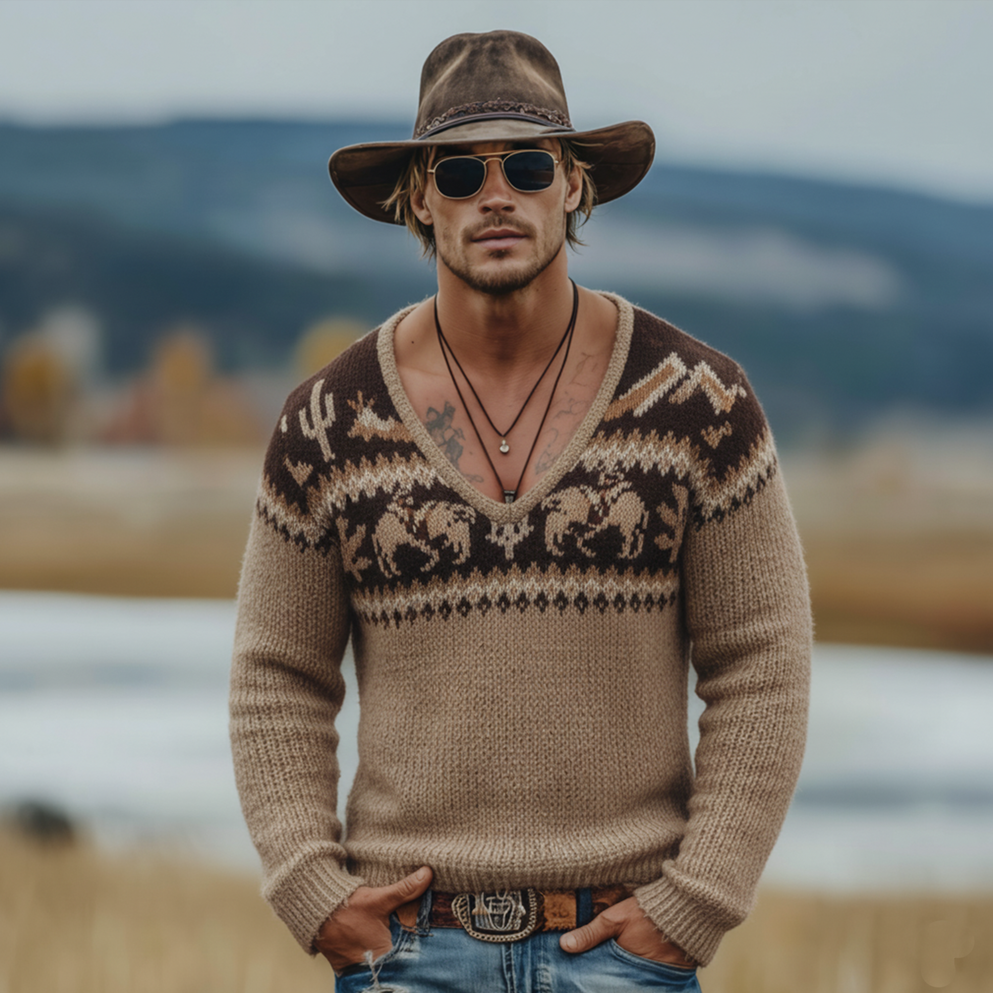 Men's Classic Retro Western Style Jacquard Deep V-neck Sweater MTA3019K1K