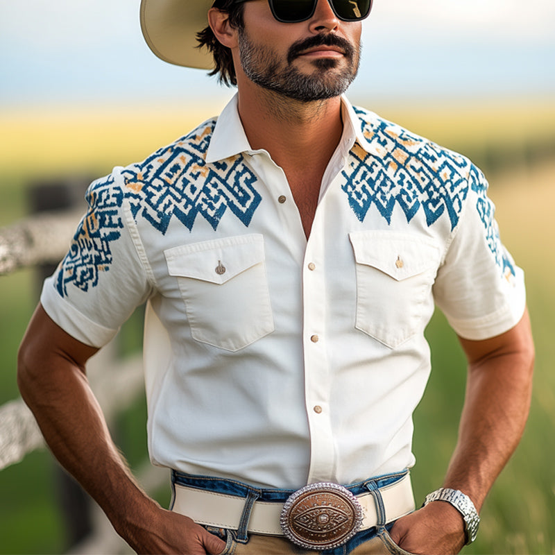 Herreskjorte med kortermet aztekisk trykk i western-cowboystil MTA1238E4U