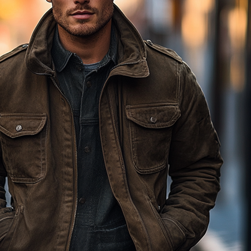 Men's Vintage Canvas Solid Lapel Zipper Jacket MTA1309I0X