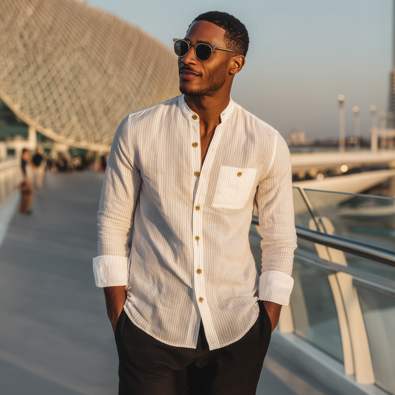 Men's Casual Breathable Cotton Striped Stand Collar Patch Pocket Slim Fit Long Sleeve Shirt MTA0752G8M